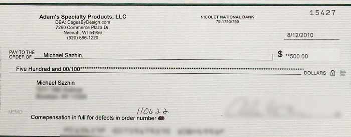 Refund check from Cages by Design